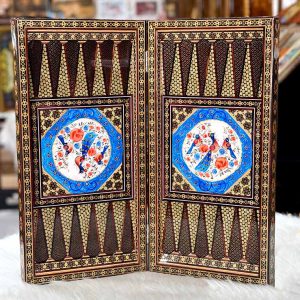 تخته نرد خاتم اصفهان لبه ستونی نقاشی گل و مرغ