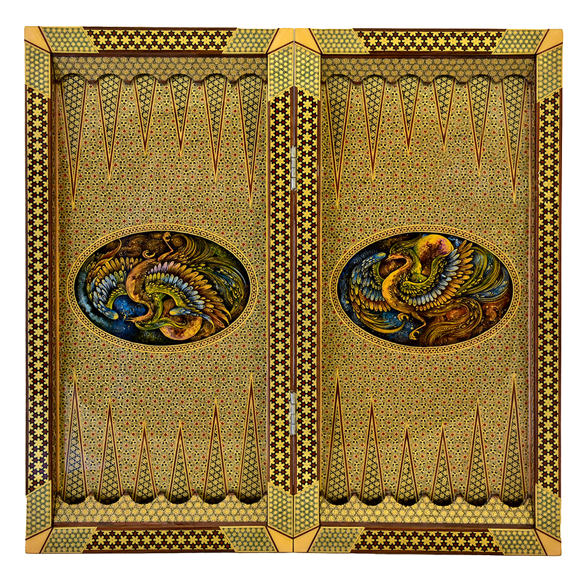 8 تخته نرد و شطرنج خاتم کاری طرح سیمرغ کد 160004