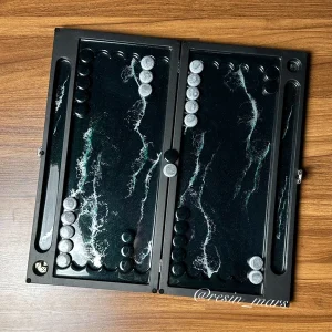 تخته نرد رزینی سبز تیره با خطوط ماربل نقره ای