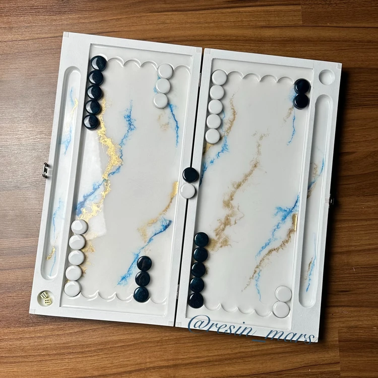 تخته نرد رزینی سفید (خطوط ماربل طلایی + آبی)